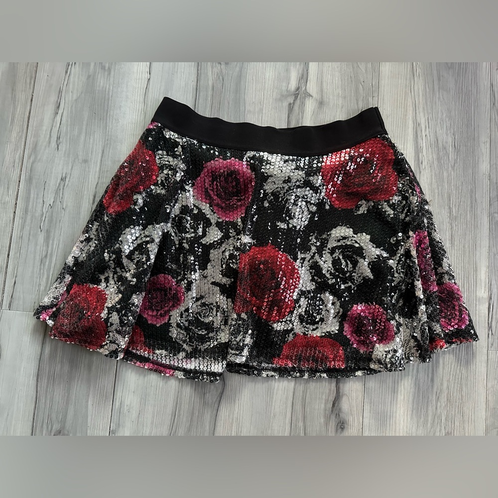 JUSTICE Skort Juniors Size 16 Women’s S SEQUINED SKATER‎ Skirt ROSES Red Silver